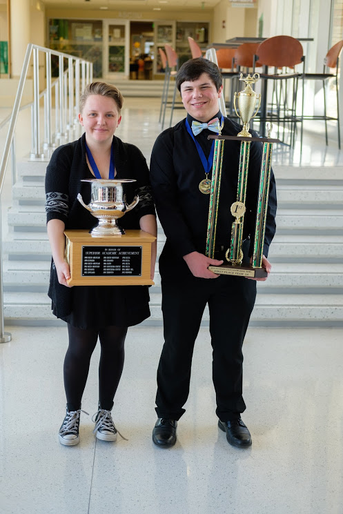 Anij Magill (Captain) and Matthew Chambers pose with their wins after the Knowledge Bowl in CSU Fort Collins. 