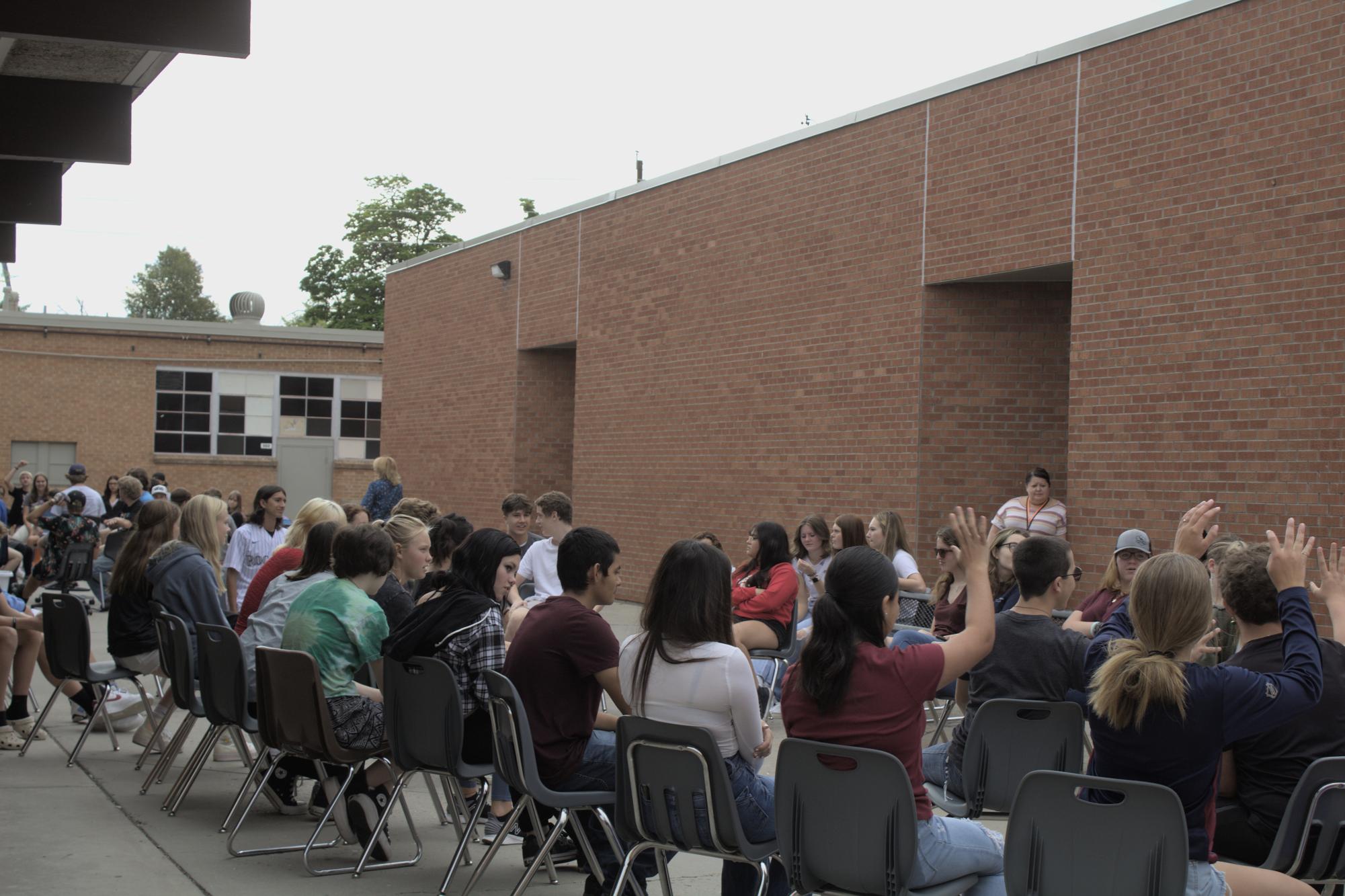 GJHS Students gather outside to play Sock Ball as a team building activity during Academy Time on Thursday, Aug. 24, on the south lawn. 