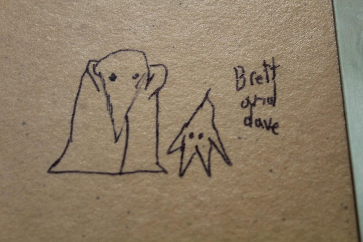 Recent graffiti has popped up in bathrooms around the school, particularly in the main building. 
Brett and Dave are a recent addition to the graffiti in the bathroom in the ground level boys bathroom.