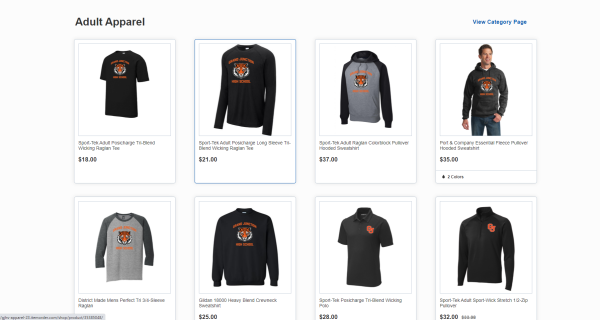 A screenshot of the online apparel website displaying jackets, T-shirts, and sweatpants with new logos. The link to the website is: https://gjhs-apparel-23.itemorder.com/shop/home/