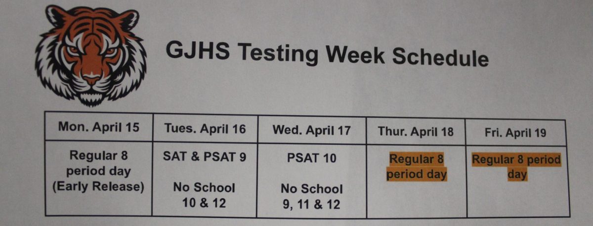 Photo+of+next+weeks+testing+schedule.+Tuesday%2C+April+16th+is+the+SAT+for+Juniors+and+PSAT+for+Freshman.+Wednesday%2C+April+17th%2C+is+the+PSAT+for+Sophomores.%C2%A0