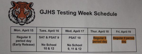 Photo of next weeks testing schedule. Tuesday, April 16th is the SAT for Juniors and PSAT for Freshman. Wednesday, April 17th, is the PSAT for Sophomores. 