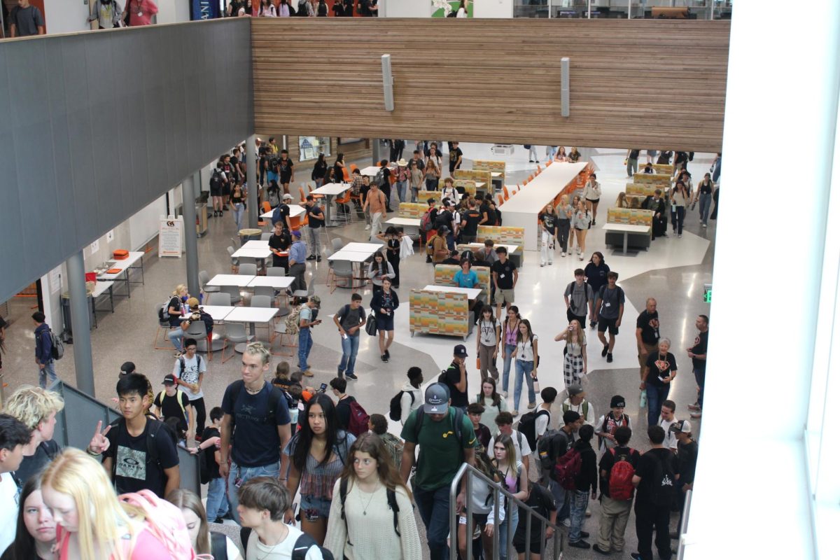 Students during passing period heading up the stairs. Many have trouble getting up the main staircase because of the large number of people trying to go up at once.