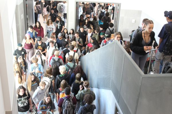 GJHS main stairway, students travel up and down these staircases multiple times throughout the day and deal with the mob of students in order to get to their classes.