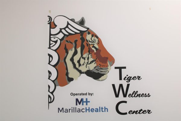 The Tiger Wellness Center logo in the entrance to the GJHS Marillac health clinic.
