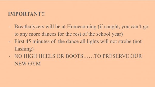 Student Council presented on Homecoming and its surrounding events and surprised many by announcing breathalyzers will be at the dance. Students will be removed from the dance and banned from the rest of the year's dances if they test positive on the breathalyzer. 