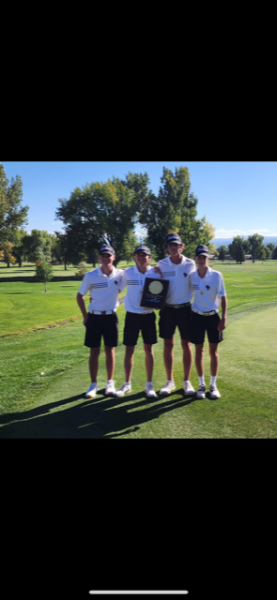 GJHS golfers Jack Kaul, Ky Korte, Hunter Simmons, and Will Simpson hold their award after winning the regional match in Montrose. They play in Colorado Class 4A State Tournament on Oct. 7 and 8. 