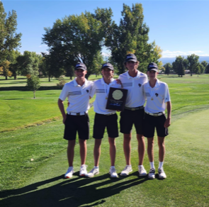 GJHS golfers Jack Kaul, Ky Korte, Hunter Simmons, and Will Simpson hold their award after winning the regional match in Montrose. They play in Colorado Class 4A State Tournament on Oct. 7 and 8. 