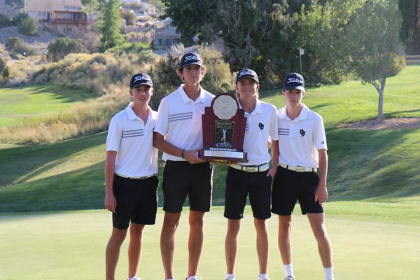 Members of the Grand Junction High School boys golf team hold the runner-up trophy after finishing second in the Class 4A state tournament on Tuesday at Tiara Rado Golf Course in Grand Junction. From left are junior Hunter Simmons, senior Jack Kaul, senior Ky Korte and freshman Will Simpson. The Tigers finished with a two-day team score of 447.