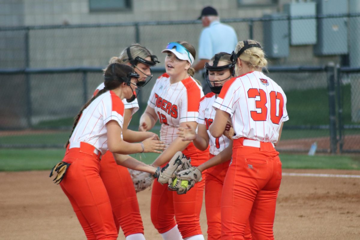 The GJHS infielders celebrate after getting an out against Palisade High School. The Tigers will compete in the Class 5A state playoffs starting this Saturday against Chaparral High School. 
