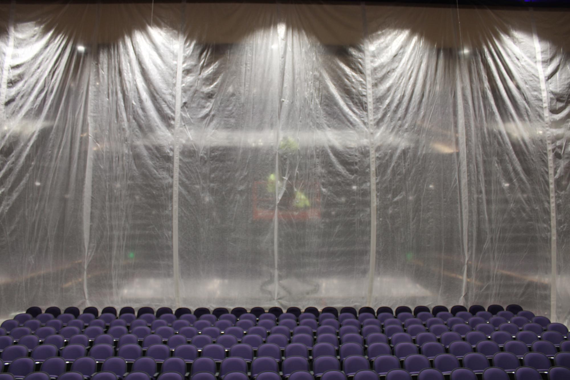 The new GJHS auditorium balcony is undergoing repairs due to an initial mistake in design. All access to the balcony and seating beneath it has been closed off with a plastic tarp during the work that should be completed in January.