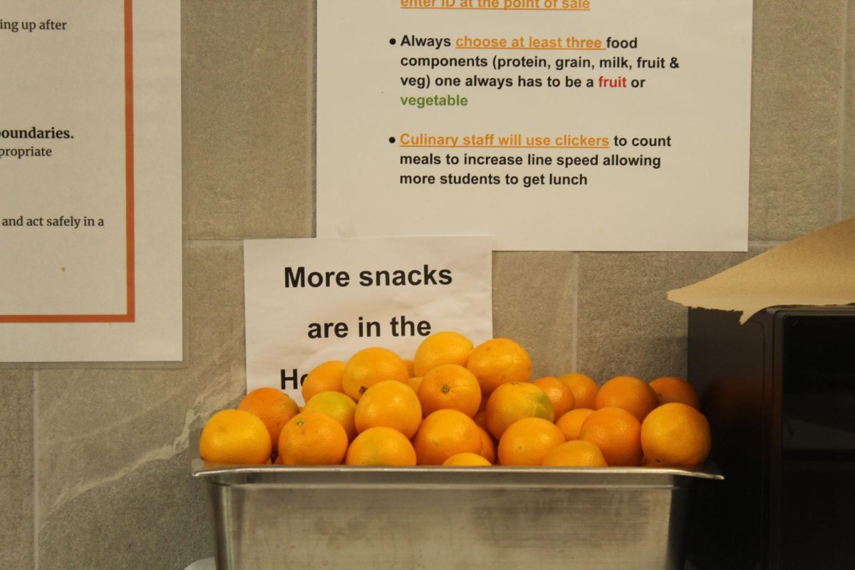 Photo shows oranges from lunch are shown piling up. If not eaten soon, they will be thrown away and wasted.