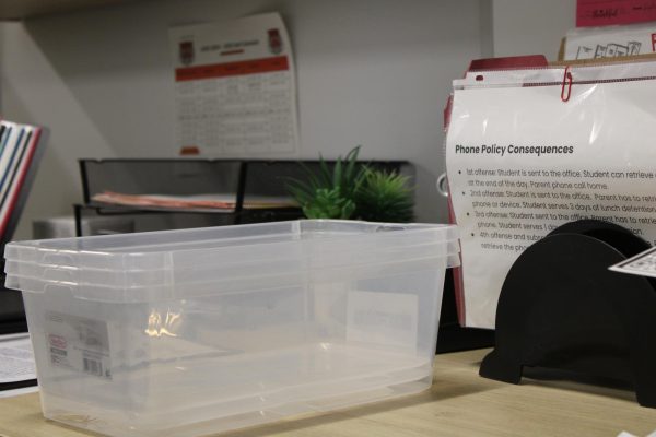 This is the clear plastic box the office uses to store confiscated phones. It was completely empty in this picture, meaning that on that day, no student had a phone violation.