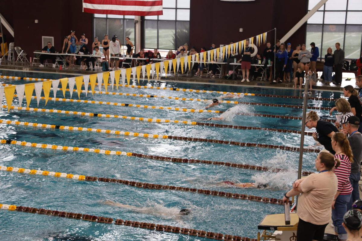 A GJHS swimmer competes in the butterfly event at one of the meets. Multiple swimmers compete against each other in the state meet.  