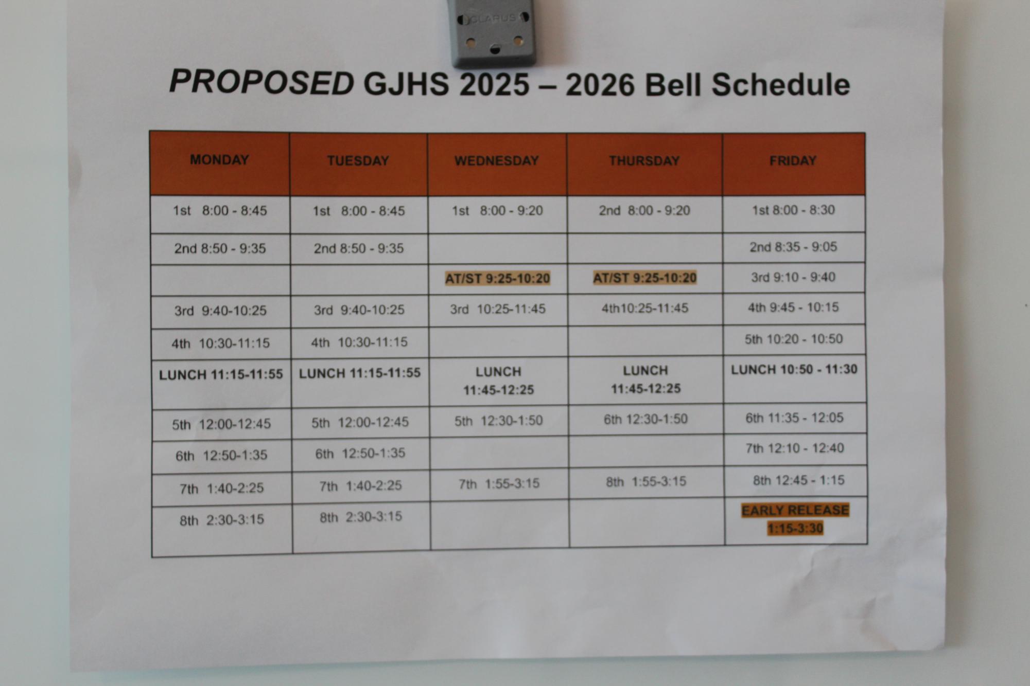Pictured is the proposed schedule for the 2025-26 school year. Fridays will feature classes that last only thirty minutes.