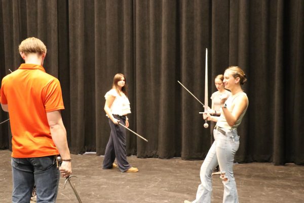 GJHS theater students practice using swords under the direction of drama teacher Bryan Carlson. GJHS plans to perform “Hadestown” in the spring, which is one of the Broadway shows coming to CMU’s Asteria Theater. 