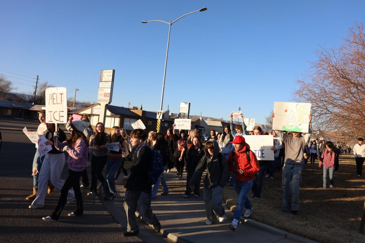 Dozens of GJHS students walk down North Avenue in protest of ICE. Hundreds more followed as they protested for much of the morning of Jan 30.