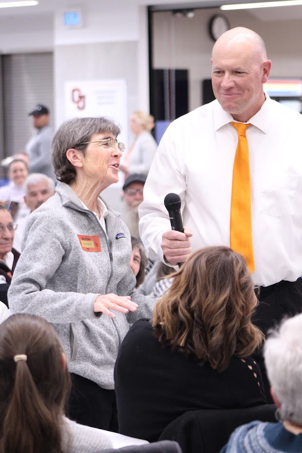 GJHS social studies teacher Steven Woytek during the 2025 induction ceremony with inductee Sandra Elliott. Her sister, Carol Elliott Wilder, is a 2026 inductee on Jan 24th.
