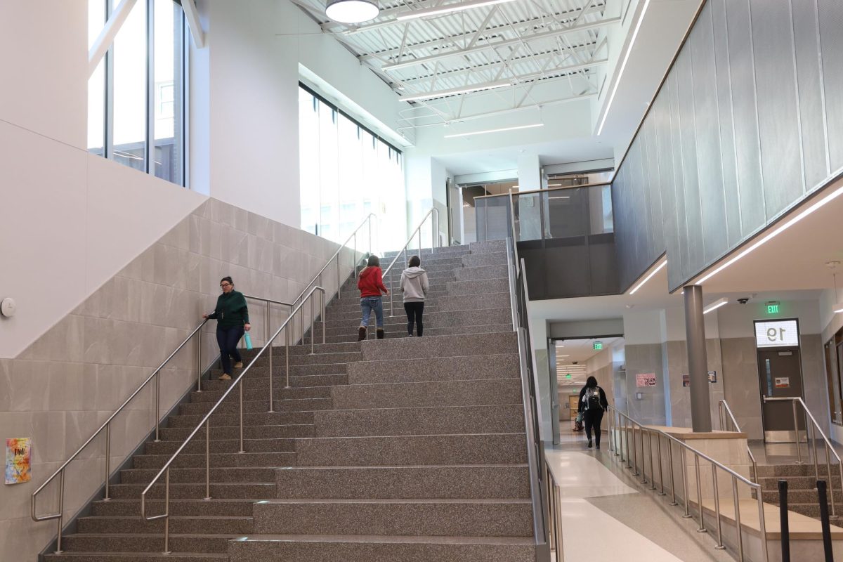 Students walk up the north side main stairs during passing period before 6th hour. These stairs are the ones primarily responsible for causing people to trip.