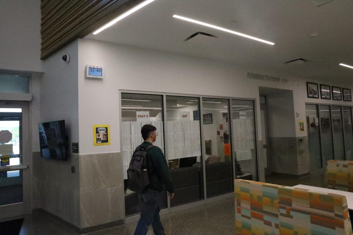 The PSAT and SAT student testing room locations. These are found on the windows of the office, and tell students where they will be located for their PSAT, or SAT, respectively.