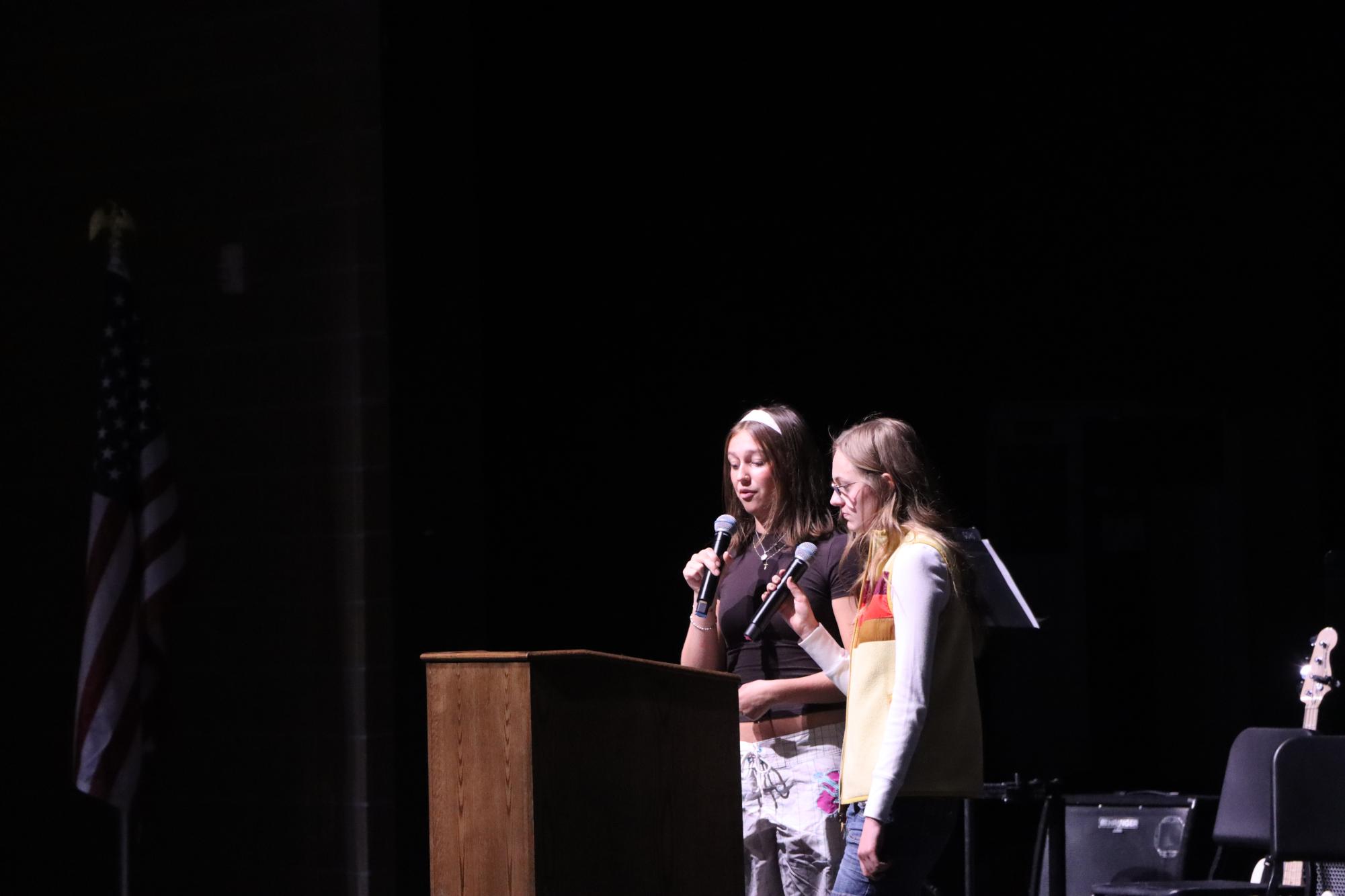 StuCo-elected co-presidents Peyton McKinley and Ellery Barney deliver their speech to the student body at the assembly. The pair won the only competitive race in the StuCo election.
