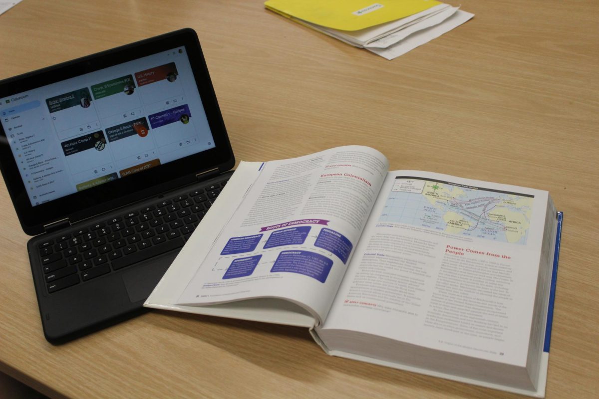 Side-by-side comparison of a Chromebook and a physical textbook. The Chromebook displays Google Classroom with the student's enrolled class and the textbook being a History book. 
