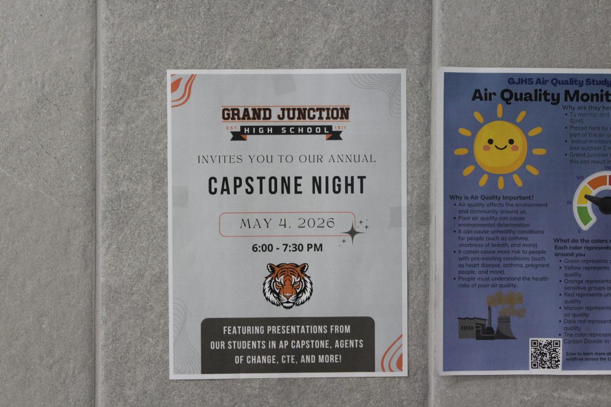 This poster advertises the upcoming GJHS Capstone Night. The event will take place on May 4 from 6 p.m. to 7:30 p.m.